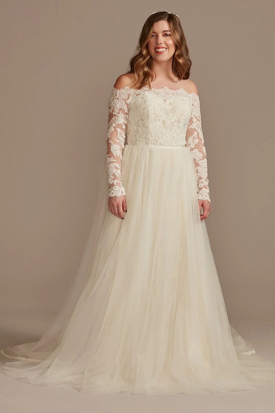 DB Studio Off The Shoulder Lace & Tulle Long Sleeve Wedding Dress Size 12. NEW!